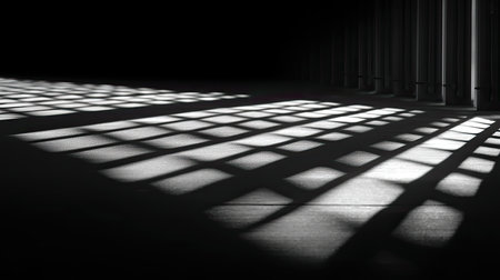 This image showcases a captivating play of light and shadow on a concrete floor, highlighting intricate patterns and textures in a dark environment.の素材