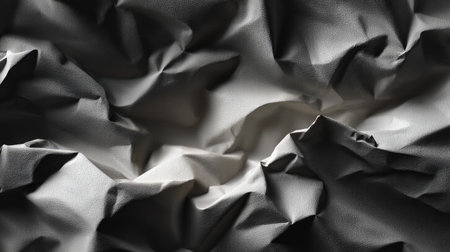 This image features an abstract crumpled fabric surface in shades of black and white, showcasing texture and depth, perfect for design and artistic projects.の素材