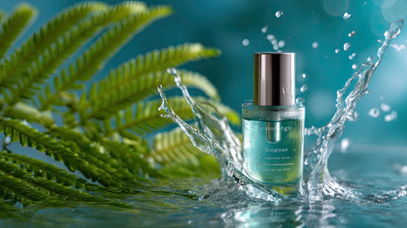 Beautiful skincare serum bottle stands amidst fresh splashes of water and vibrant fern leaves, embodying purity, rejuvenation, and natural elegance.の素材