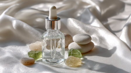 A serene beauty essence bottle, elegantly placed among sparkling gemstones and smooth stones on a luxurious silk background, perfect for wellness imagery.の素材