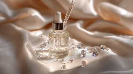 A beautifully arranged dropper bottle filled with serum sits on soft satin fabric, surrounded by sparkling gems, exuding elegance and luxury.の素材