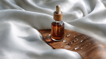 A dropper bottle filled with amber liquid rests on a silky fabric and wooden surface, creating a tranquil and elegant atmosphere perfect for beauty and wellness themes.の素材