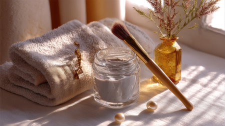 A tranquil and inviting setup featuring beauty essentials on a soft towel, capturing a serene moment enhanced by warm natural light, ideal for spa and wellness themes.の素材