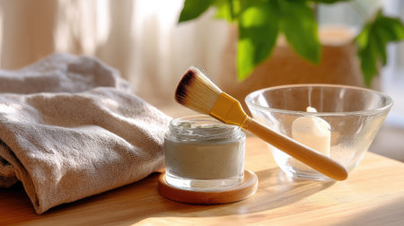 A serene spa scene featuring a clay mask in a glass jar, a soft brush for application, a lit candle, and a folded towel on a wooden surface.の素材