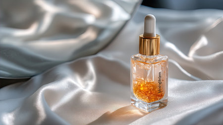A beautiful glass dropper bottle filled with glowing golden serum, placed elegantly on soft satin fabric, showcasing luxury in skincare and beauty products.の素材