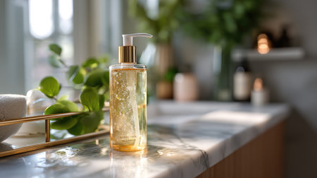 A beautifully styled liquid soap dispenser sits on a marble countertop, bathed in soft natural light. The serene atmosphere features lush greenery, enhancing the modern bathroom's elegance.の素材