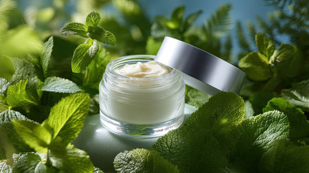 A beautiful jar of luxurious moisturizer surrounded by fresh green mint leaves, symbolizing natural beauty and wellness in skincare products.の素材