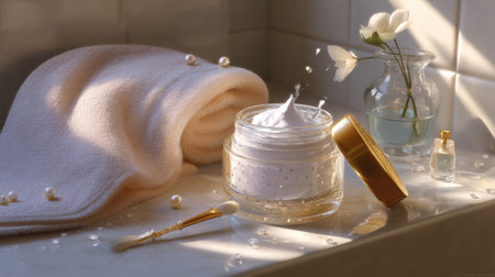 A beautiful scene featuring a luxurious skincare cream jar with pearls and flowers, creating a serene atmosphere perfect for beauty routines and relaxation.の素材