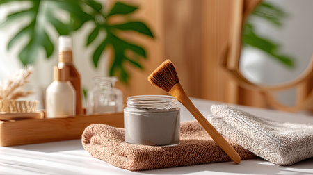A serene skincare scene featuring a jar of cream, a brush, warm towels, and decorative plants. Ideal for wellness, beauty, and self-care themes.の素材