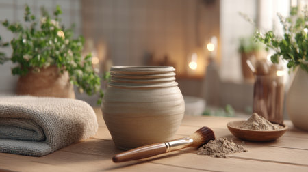 A serene image featuring a natural clay pot, a brush, and powder arranged on a wooden table in a calming spa setting, surrounded by lush plants.の素材