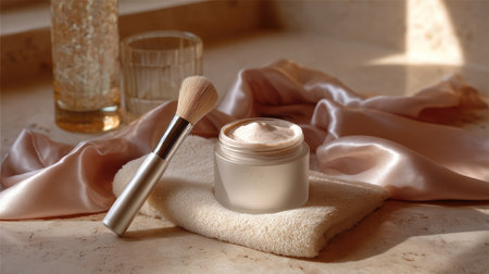 An elegant still life composition featuring a makeup brush and a cosmetic jar on soft satin fabric, illuminated by gentle natural light, creating a calming aesthetic.の素材