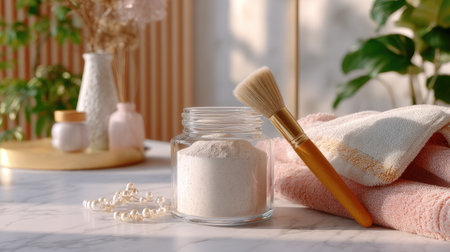 A serene skincare setup showcasing a jar of powder, soft towel, and brush, perfect for beauty rituals and relaxation in home environments.の素材