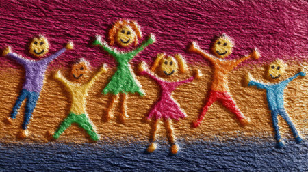 Vibrant hand-drawn figures with smiling faces celebrate joy and togetherness against a colorful abstract background. Perfect for conveying happiness.の素材