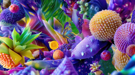 Dive into a vibrant abstract world filled with enchanting shapes and textures that evoke a surreal and botanical atmosphere. Perfect for creative projects!の素材