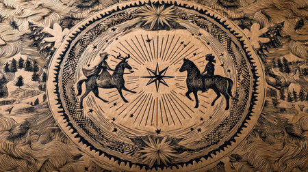 This captivating wood engraving features a detailed illustration of a stag and a horse, framed by a striking compass rose design. Natural elements and intricate patterns enhance the rustic charm, making it perfect for art enthusiasts and nature lovers.の素材