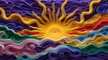 This vibrant abstract artwork features a radiant yellow sun surrounded by colorful, swirling waves in dynamic purple and rich tones, evoking energy and warmth.の素材