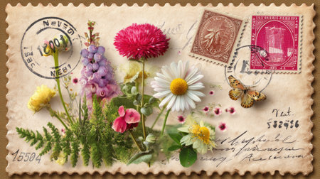 This image features a stunning vintage floral arrangement with colorful flowers, a butterfly, and postage stamps on an aged paper background, perfect for nostalgic designs.の素材