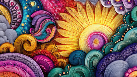 This vibrant abstract artwork showcases swirling patterns, bright sunflower elements, and intricate colors, creating a visually stunning and dynamic composition.の素材