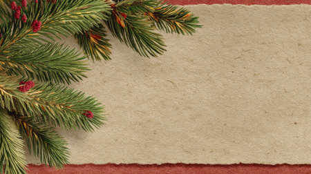 This beautiful festive background features lush pine branches and a textured paper area, perfect for seasonal greetings and holiday designs.の素材