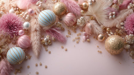This enchanting composition features pastel ornaments, decorative foliage, and sparkling accents, creating a warm and inviting holiday atmosphere.の素材