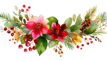 This stunning watercolor floral arrangement features vibrant red and pink flowers, lush green leaves, and rustic pine cones, perfect for seasonal decor.の素材