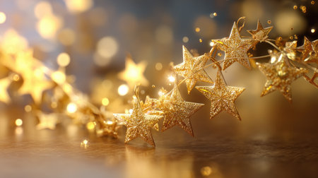 A beautiful arrangement of a shimmering gold star garland with a soft bokeh background, perfect for enhancing festive atmospheres and holiday decorations.の素材