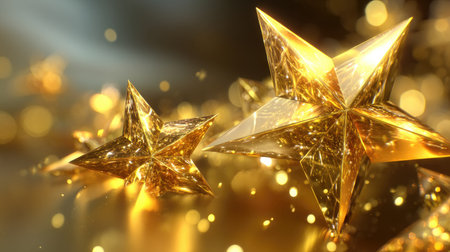 A stunning image featuring golden stars that shine brightly against a soft, blurred background, enhanced by glimmering bokeh effects. Perfect for festive themes.の素材