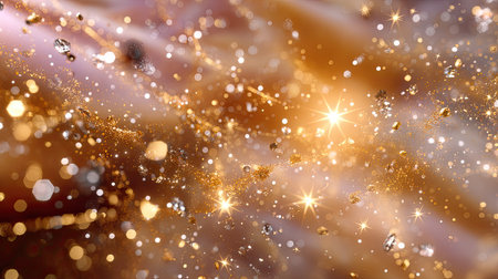 This captivating image features shimmering golden particles and bright light effects creating an abstract background filled with glitter and sparkles. Perfect for festive themes.の素材