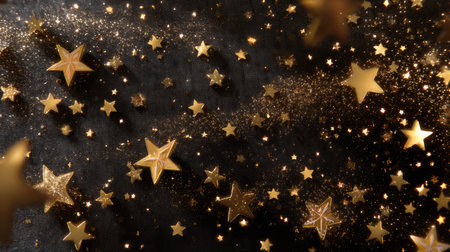 This enchanting image features golden stars and shimmering sparkles on a rich black background, perfect for creating a magical atmosphere for any event or celebration.の素材
