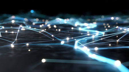 This abstract digital network background features glowing lines and dots in blue hues, representing technology and connectivity in a futuristic design.の素材