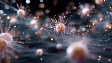 This captivating abstract image showcases delicate cellular structures with glowing particles set against a dark background, perfect for scientific or artistic projects.の素材