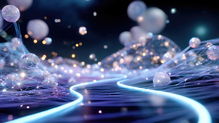 This visually stunning abstract image showcases a digital landscape filled with glowing lines, luminous spheres, and sparkling particles, creating a cosmic atmosphere.の素材