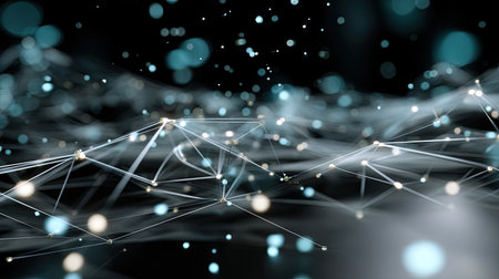 This abstract digital background features glowing particles and connecting lines in a dark atmosphere, evoking a sense of depth and modern technology.の素材