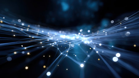 This stunning abstract image features flowing blue light waves combined with glowing particles, creating a captivating scene perfect for technology and futuristic themes.の素材