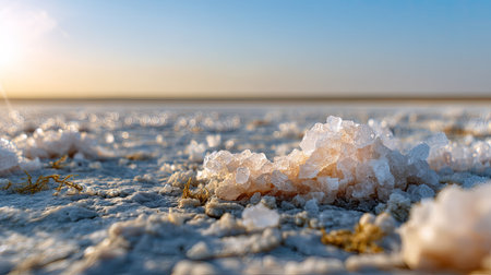 A stunning close-up of salt crystals on a dry salt flat, showcasing intricate textures against a beautiful sky during sunset. A peaceful natural scene.の素材