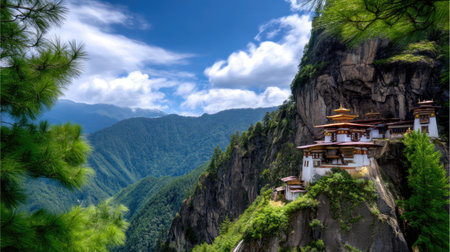 Discover the stunning beauty of a monastery perched high on a cliff, surrounded by vibrant mountains and a breathtaking blue sky, symbolizing serenity and adventure.の素材