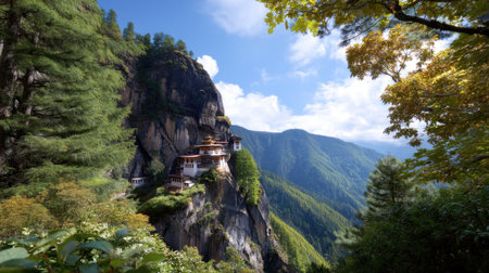 Discover a stunning monastery set against towering cliffs and vibrant forests, offering a serene escape into nature's breathtaking beauty and cultural heritage.の素材
