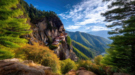 Awe-inspiring view of a monastery gracefully nestled on a rocky cliff, surrounded by vibrant greenery and majestic mountains, perfect for showcasing nature's beauty.の素材