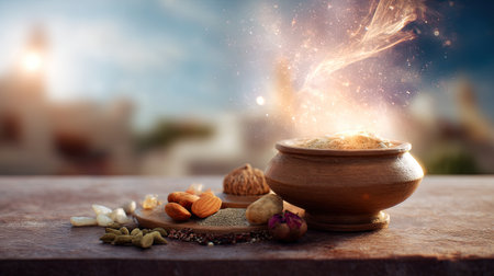 A captivating scene featuring a wooden bowl filled with spices, nuts, and herbs, surrounded by an ethereal glow, perfect for food enthusiasts.の素材