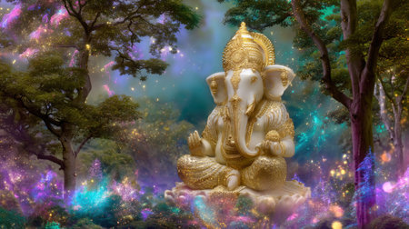 A magnificent golden Ganesh statue radiates serenity in an enchanted forest filled with vibrant colors and magical light, embodying tranquility and spirituality.の素材