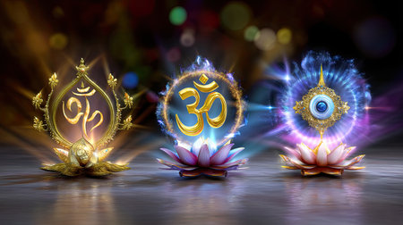 Captivating spiritual symbols displayed in vibrant colors surrounded by serene lotus flowers. Each element represents harmony, enlightenment, and inner peace.の素材