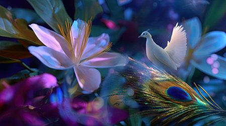 This mesmerizing image features a delicate white dove among lush, colorful flowers and peacock feathers, creating a tranquil and ethereal setting.の素材