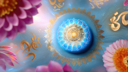 This exquisite digital artwork features a vibrant mandala surrounded by beautiful lotus flowers and spiritual symbols, promoting a sense of calm and tranquility.の素材