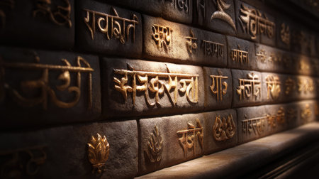 A captivating wall featuring intricate inscriptions that shine under soft, warm light, evoking feelings of history and mystery. The textured stone adds depth and elegance.の素材
