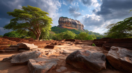 A stunning landscape featuring a towering rock fortress amidst vibrant greenery and dramatic clouds, inviting exploration and capturing the essence of nature's beauty.の素材