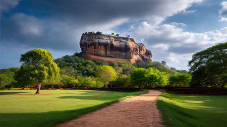 A stunning rock formation rises majestically above lush greenery, framed by a captivating sky. A serene path invites exploration in this picturesque landscape.の素材