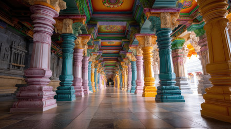 Explore the vibrant interior of a stunning temple, featuring intricately designed columns and colorful patterns that evoke a sense of spirituality and culture.の素材