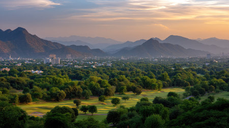 A stunning view of a golf course located in a lush green valley, framed by majestic mountains. The vibrant colors of the sunset blend beautifully with the serene landscape.の素材