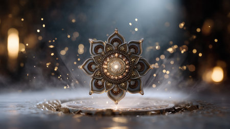 This stunning image features an intricate mandala design set against a shimmering background, creating a captivating atmosphere of artistry and elegance.の素材
