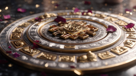 A beautifully crafted mandala featuring golden accents, surrounded by delicate petals, rests on a dark surface, evoking tranquility and elegance.の素材